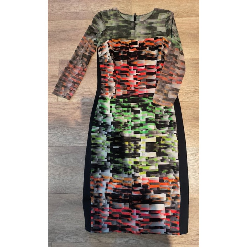Rickie Freeman Teri Jon Multi Color Digital Glitch‎ Print Mesh Sleeve Dress 6